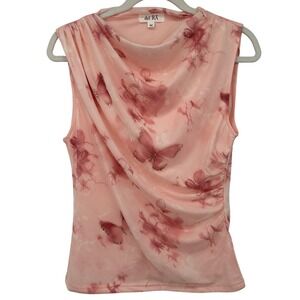 Pink Y2K Butterfly Floral Lined Mesh Rhinestone Cowl Neck Tank Top Size Medium